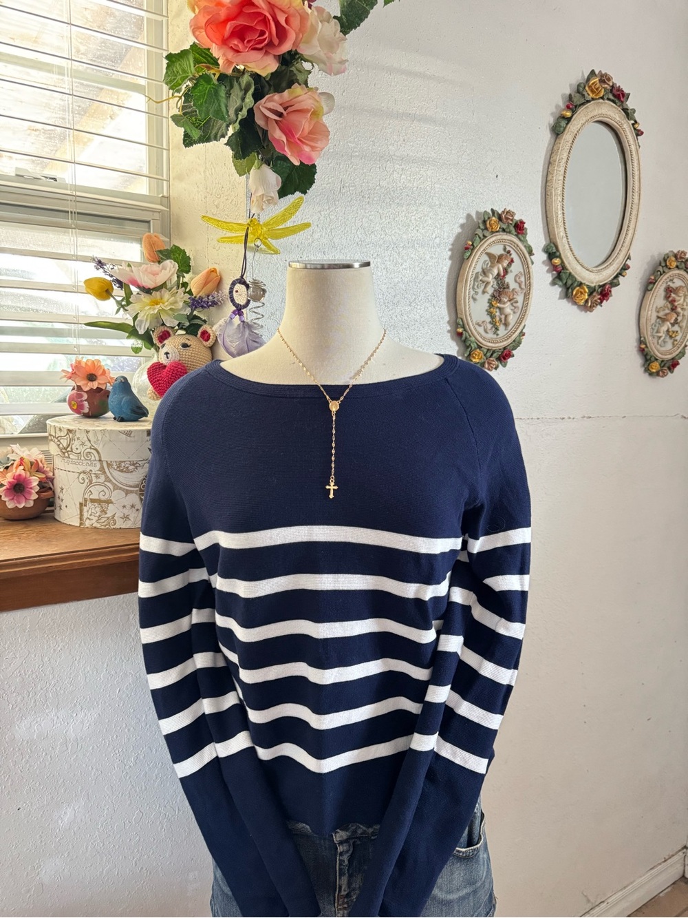 100% cotton navy blue and white striped sweater